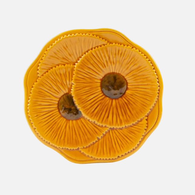 Sublime plateau vintage Vallauris en porcelaine jaune à motifs fleuris 