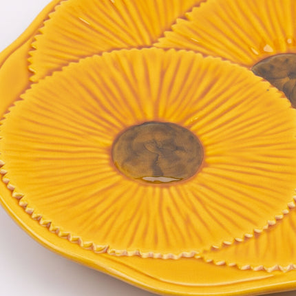 Sublime plateau vintage Vallauris en porcelaine jaune à motifs fleuris 