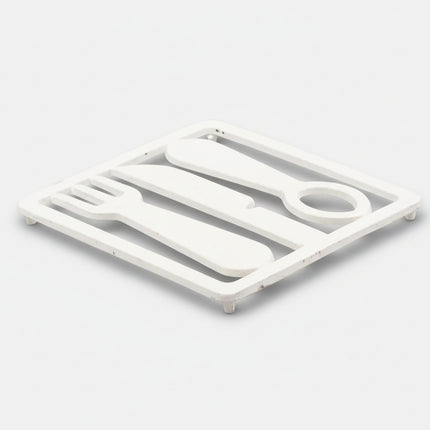 Dessous de plat blanc vintage en fonte en forme de couverts