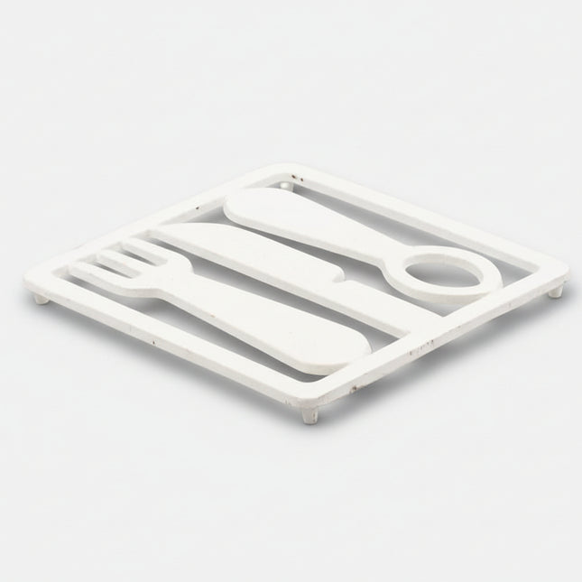 Dessous de plat blanc vintage en fonte en forme de couverts