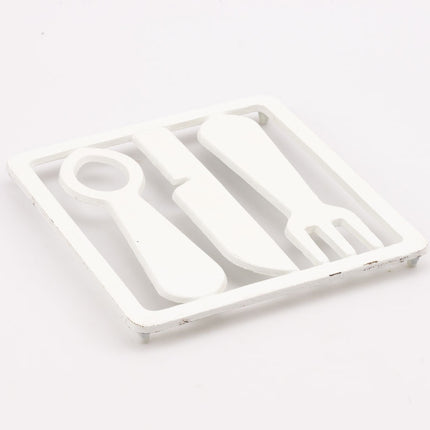 Dessous de plat blanc vintage en fonte en forme de couverts