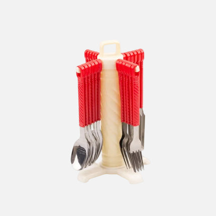 Ensemble de couverts en inox et rouges avec présentoir vertical
