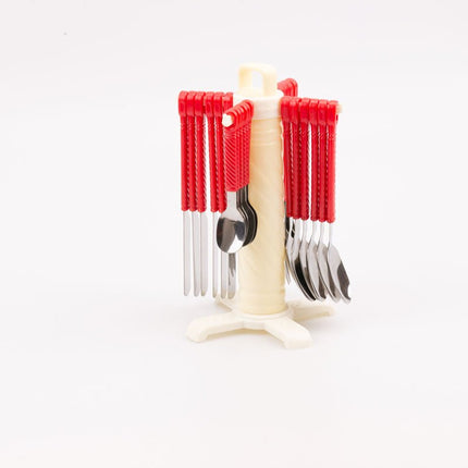 Ensemble de couverts en inox et rouges avec présentoir vertical