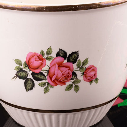 Cache-pot vintage en céramique - Décor Roses et liseré doré