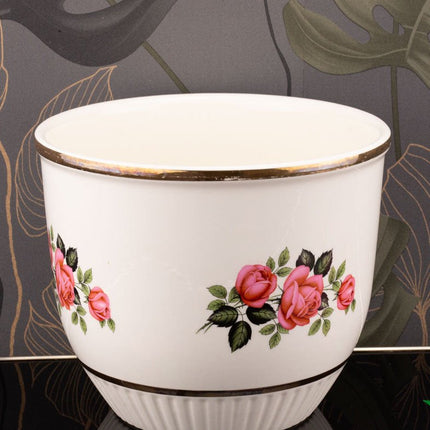 Cache-pot vintage en céramique - Décor Roses et liseré doré