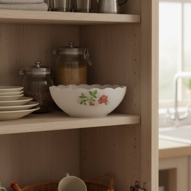 Plat saladier vintage Arcopal blanc collection roses rouges