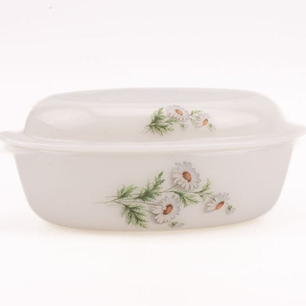 Plat au four vintage Arcopal Marguerite blanc aux motifs fleuris