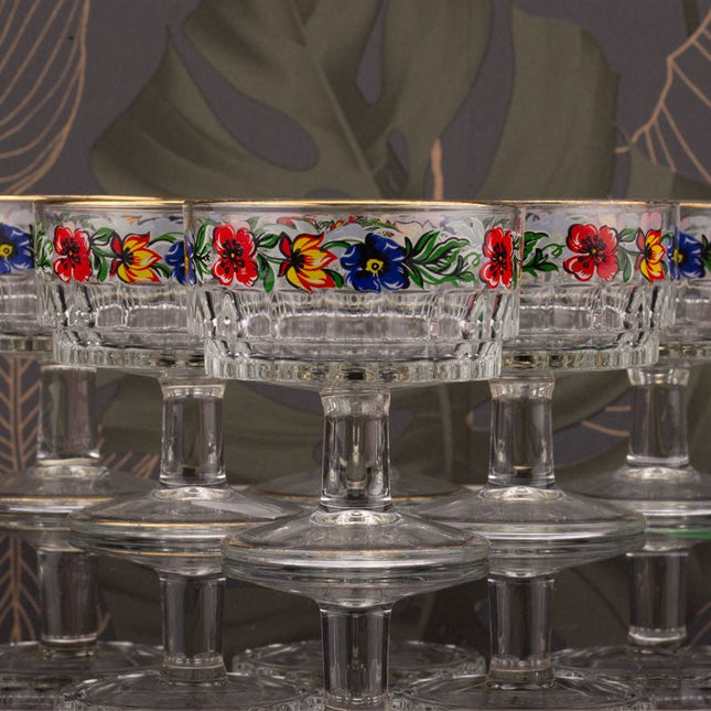 6 coupelles à dessert en verre ciselé multicolore