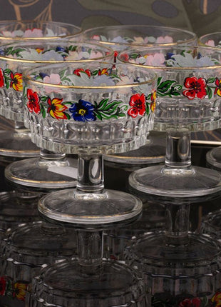 6 coupelles à dessert en verre ciselé et motifs à fleurs multicolores
