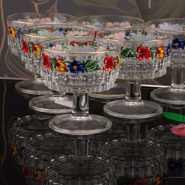 6 coupelles à dessert en verre ciselé et motifs à fleurs multicolores