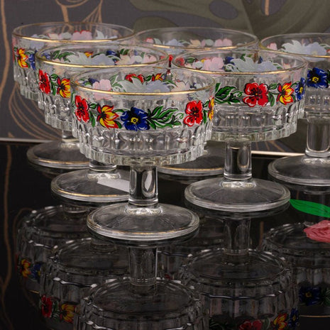 6 coupelles à dessert en verre ciselé et motifs à fleurs multicolores