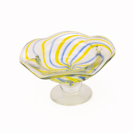 Magnifique coupe en verre soufflé avec lignes bleues et jaunes