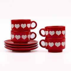 4 tasses et 3 soucoupes Waechtersbach rouge avec motif de coeurs