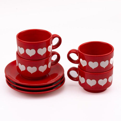 4 tasses et 3 soucoupes Waechtersbach rouge avec motif de coeurs
