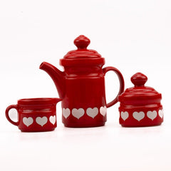 Cafetière, sucrier et pot à lait Waechtersbach rouge avec motifs à coeur