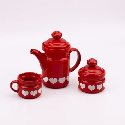 Cafetière, sucrier et pot à lait Waechtersbach rouge avec motifs à coeur