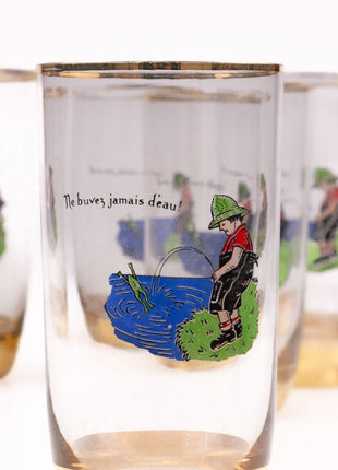 5 verres à eau vintage avec dessin humoristique
