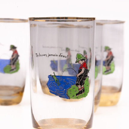5 verres à eau vintage avec dessin humoristique