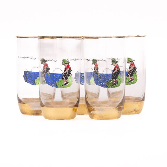 5 verres à eau vintage avec dessin humoristique