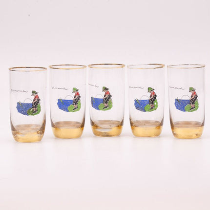 5 vintage water glasses with a humorous design