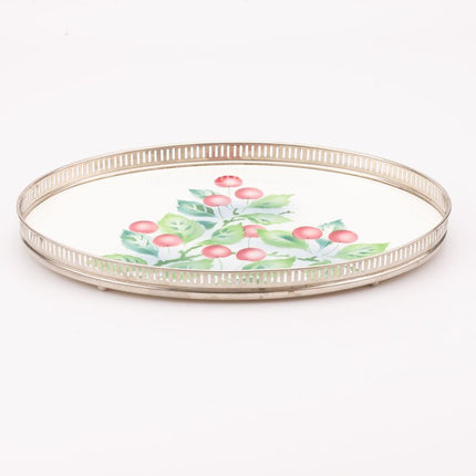 Plateau ovale Art Déco faïence et métal ajouré cerises - Réf 3525924A