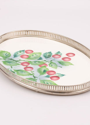 Plateau ovale en céramique représentant des branches de cerises