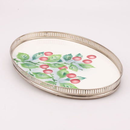 Plateau ovale Art Déco faïence et métal ajouré cerises - Réf 3525924A