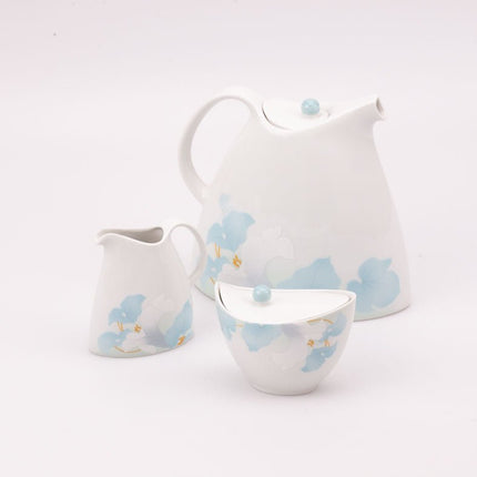 Cafetière, sucrier et pot à lait en porcelaine de Scherzer Miranda blanc avec motifs fleuris