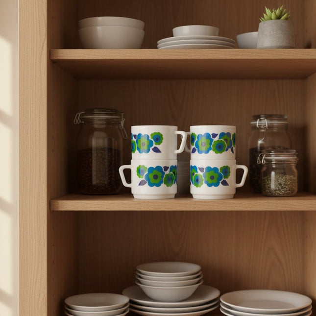 4 tasses Arcopal vintage en porcelaine blanche avec des motifs fleuris rouge collection Lotus