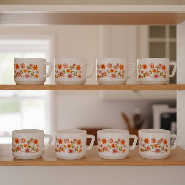 Set de 6 tasses blanches Arcopal collection Scania avec motifs fleuri orange