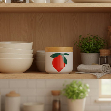 Pot Marco Pozzi blanc avec motif citron et un couvercle en bois