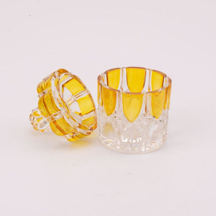 Petit pot en cristal ambré et transparent avec couvercle de Val Saint-Lambert collection Luxval Art Déco