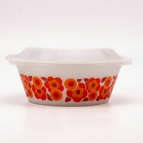 Plat avec couvercle Lotus Arcopal blanc et fleurs oranges rouge
