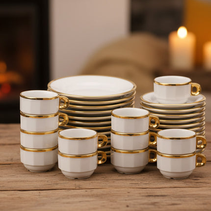 Rare service à dessert et à café Pillivuyt en porcelaine blanche liseret doré 12 personnes