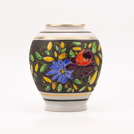 Grand vase H. Becquet fleuri noir et blanc  