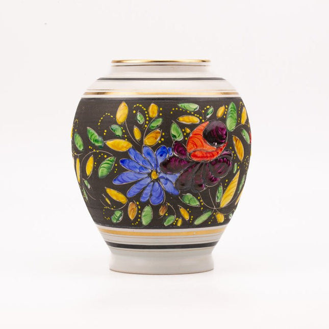 Grand vase H. Becquet fleuri noir et blanc  