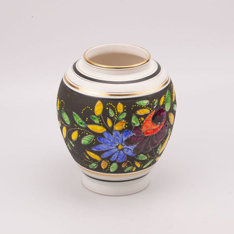 Grand vase en porcelaine H. Becquet fleuri noir et blanc