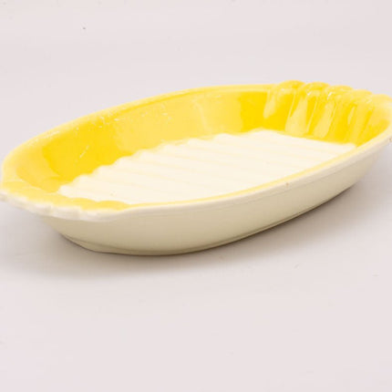 Plat de service vintage jaune et blanc en faïence