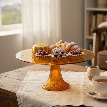 Plateau en verre sur pied ambré