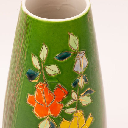 Art Deco groene porseleinen vaas met bloemmotieven
