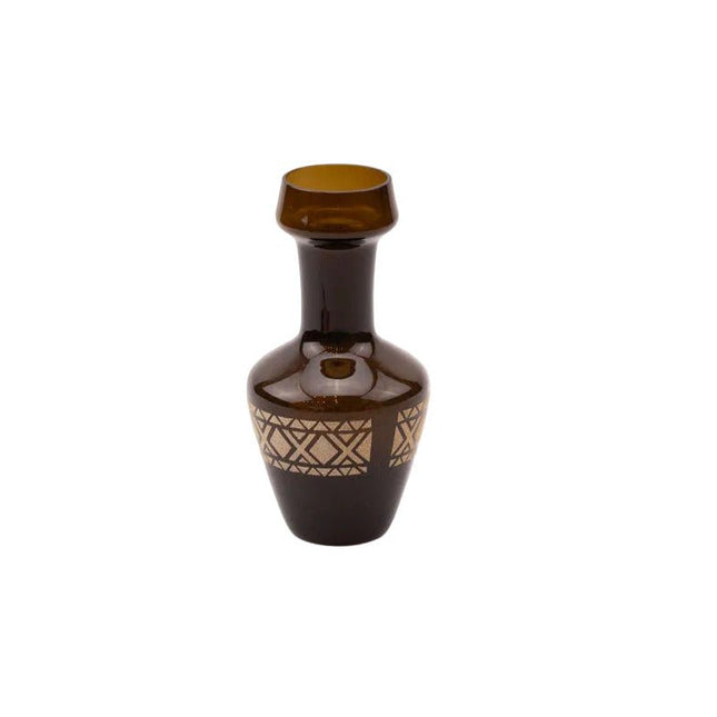 Vase en verre vintage brun aux motifs géométriques dorés