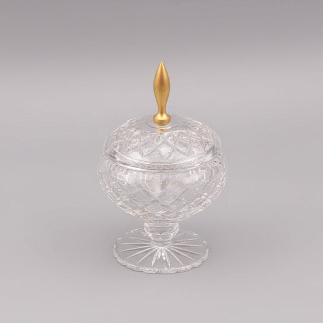 Bonbonnière Ronde en Cristal Taillé sur Pied | Finitions Dorées Vintage