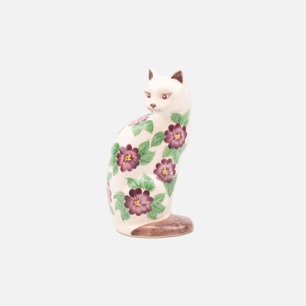 Chat vintage blanc en porcelaine à motifs de fleurs mauves et vertes