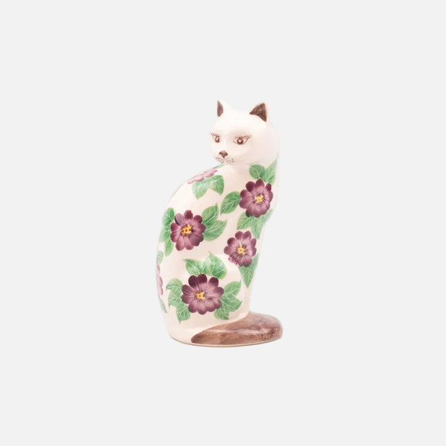 Chat vintage blanc en porcelaine à motifs de fleurs mauves et vertes