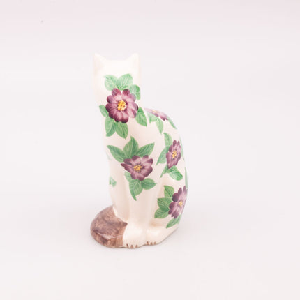 Chat vintage blanc en porcelaine à motifs de fleurs mauves et vertes