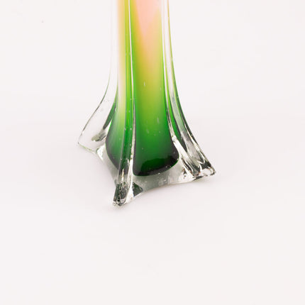Vase en vert en forme de fleur vert et orange de style murano longiligne
