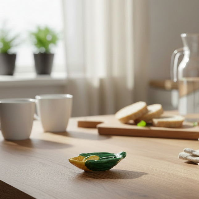 Beurrier Vallauris en porcelaine en forme d'épi de maïs vert et jaune et son couteau assorti