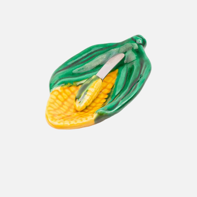 Beurrier Vallauris en porcelaine en forme d'épi de maïs vert et jaune et son couteau assorti