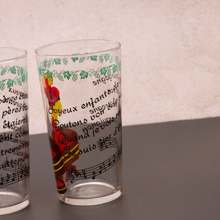 Set de 5 verres sur le thème de la vigne avec dessins et textes de chansons
