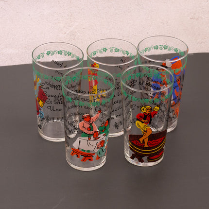 Set de 5 verres sur le thème de la vigne avec dessins et textes de chansons